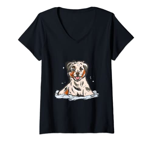 Mujer Cachorro de pastor australiano para perros y animales Camiseta Cuello V