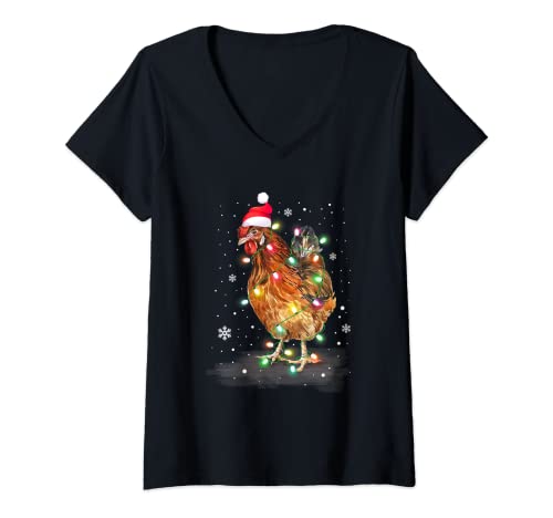 Mujer Camisa de pollo con luces navideñas Papá Noel divertido árbol de Navidad pollo Camiseta Cuello V