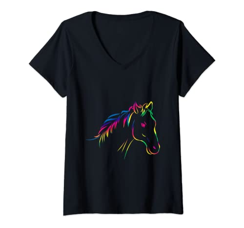Mujer Camiseta colorida del arte de los caballos del montar para la gente que ama los caballos Camiseta Cuello V