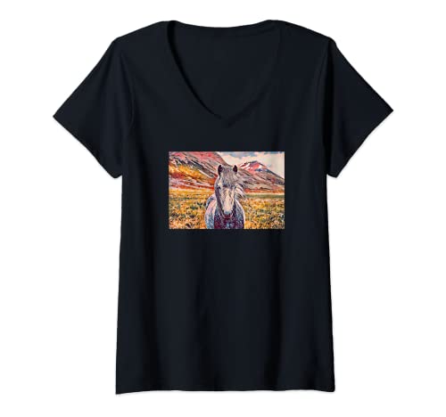 Mujer Diseño de caballo para hombres mujeres jóvenes pintura al óleo amantes del caballo Camiseta Cuello V