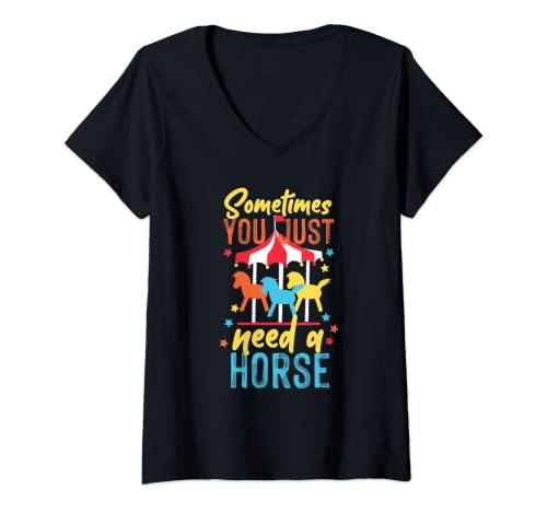 Mujer Diseño de carrusel de caballos para niñas Camiseta Cuello V