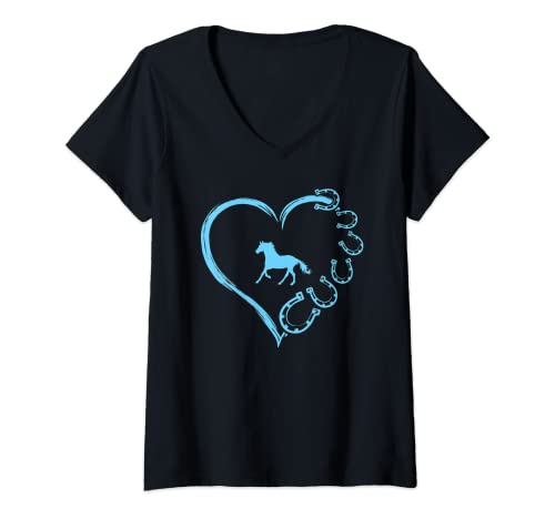 Mujer Divertido Horseshoe Corazón Lindo Caballo Mamá Cabalgando Camiseta Cuello V