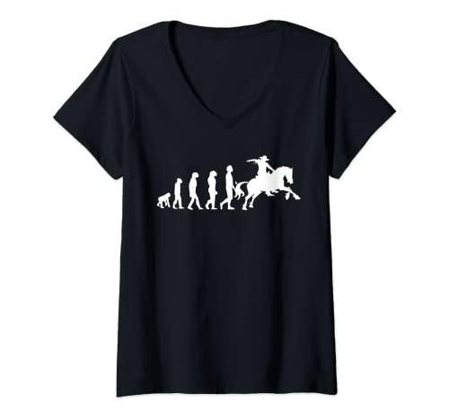 Mujer Evolución del caballo reining humano divertido Camiseta Cuello V