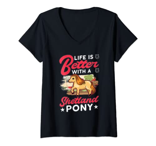 Mujer Life is better with a Shetland Pony Shetty Poni shetland Camiseta Cuello V