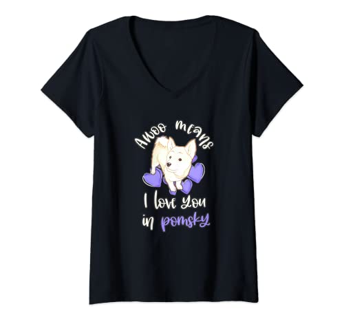 Mujer Lindo Awoo significa que te amo en Pomsky púrpura corazones perro meme Camiseta Cuello V