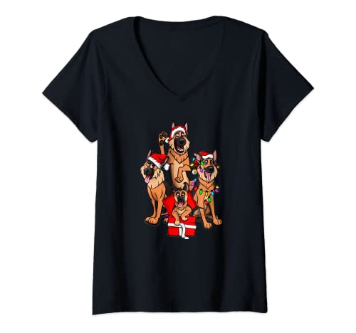 Mujer Pastores alemanes de Navidad y cachorro Camiseta Cuello V