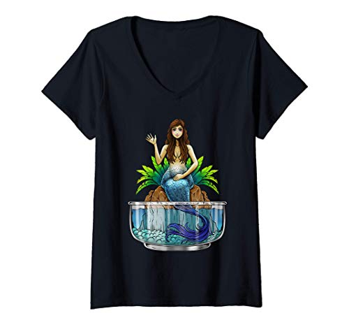 Mujer Sirena en un cuenco de agua decorado - Hermosa sirena Camiseta Cuello V