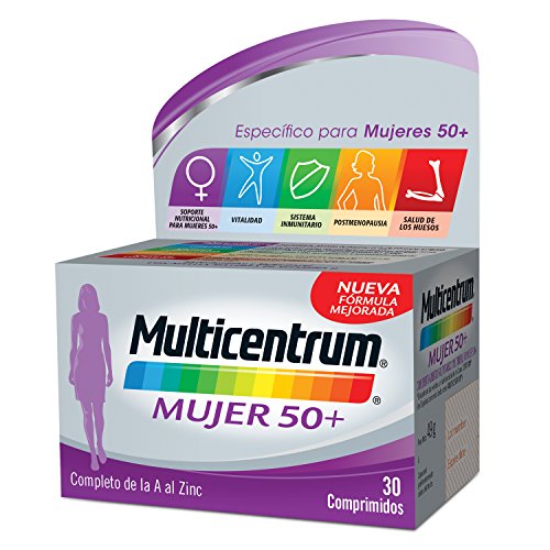 Multicentrum Mujer 50+ Complemento Alimenticio Multivitaminas con 13 Vitaminas y 11 Minerales, Sin Gluten, 30 Comprimidos