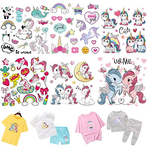 MWOOT Pegatinas Adhesivo Ropa Termoadhesivos Unicornio, 6 Hojas Papel Transfer para Camisetas, Falda, Almohada, Mochila, Patch Adesivi per Trasferimento Calore para Niños Niña Accesorios de Ropa DIY