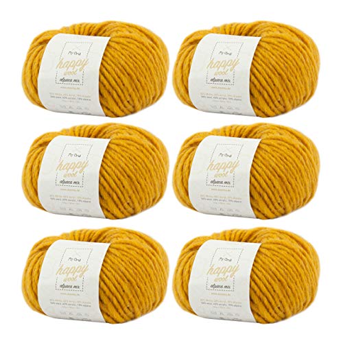 MyOma 6 ovillos de lana alpaca Happy Wool Alpaca Mix Sun (Fb 53), amarilla + etiqueta gratuita, con alpaca, 50 g/80 m, grosor aguja 7-8 mm, mezcla para tejer, tejer.