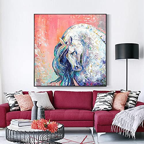 N/A Impresiones decorativas de lienzo pintadas abstractas de caballo blanco pintura al óleo arte de pared cuadros cuadros para salón decoración del hogar 40 x 40 cm
