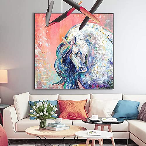 N/A Impresiones decorativas de lienzo pintadas abstractas de caballo blanco pintura al óleo arte de pared cuadros cuadros para salón decoración del hogar 40 x 40 cm