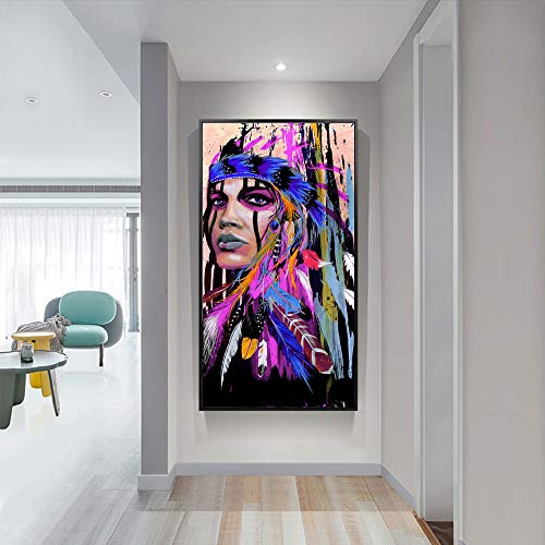 Native American Indian Girl Wall Art Canvas Painting Women Chief with Colorful Feathers Ethnologic Accessories Póster Moderno Imagen Verical Artwork Home Decor para salón, 28x56 Inch Feathers Girl-7