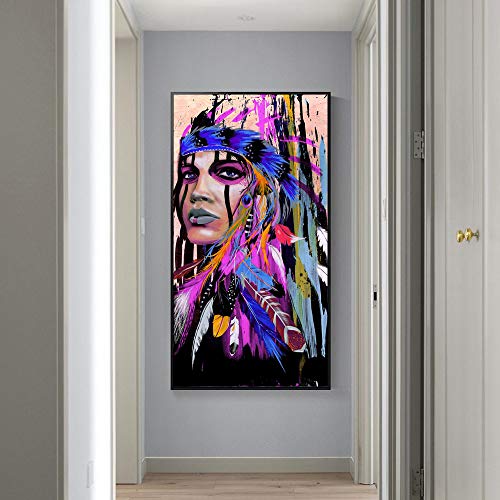 Native American Indian Girl Wall Art Canvas Painting Women Chief with Colorful Feathers Ethnologic Accessories Póster Moderno Imagen Verical Artwork Home Decor para salón, 28x56 Inch Feathers Girl-7