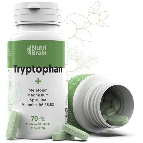 Natural Triptófano con Melatonina y Espirulina para mejorar el sueño, reducir la ansiedad, aumentar la energía, la concentración y el bienestar - 70 Comprimidos