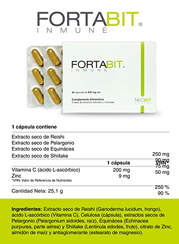 NEOBIT- Fortabit Inmune .30caps. Reishi + Vitamina C + Zinc + Shiitake + Equinacea / Fortalece el Sistema Inmunologico / Mantiene y Refuerza las defensas inmunitarias /100% Natural.