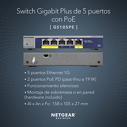 Netgear GS105PE-10000S - Switch ProSAFE (5 puertos Ethernet Gigabit, con PoE Web Managed y garantía durante su vida útil)