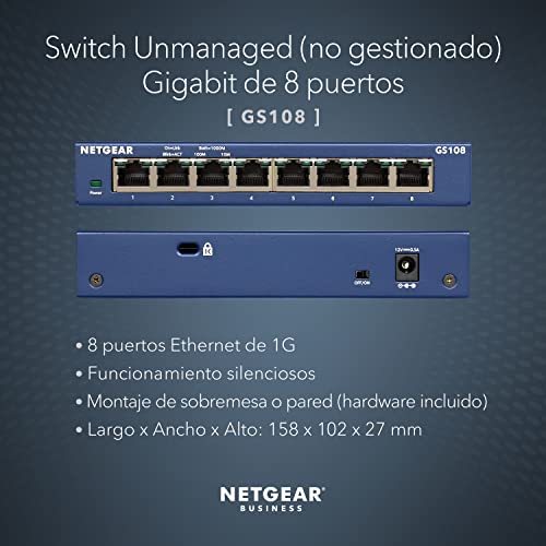 Netgear GS108GE ProSAFE - Switch de red (8 puertos autosensing 10/100/1000 Base-T, carcasa metálica)