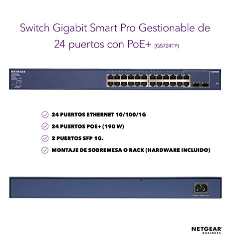 Netgear GS724TP-200EUS - Switch ProSAFE (24 Puertos Gigabit PoE, Ethernet con 2 Puertos SFP para Fibra Smart Managed Pro), Color Azul