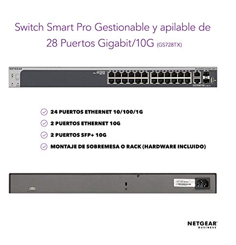 Netgear GS728TX-100NES - Switch Smart Managed ProSAFE (24 Puertos Gigabit + 4 Puertos Gigabit Combo SFP+ y garantía Durante su Vida útil)