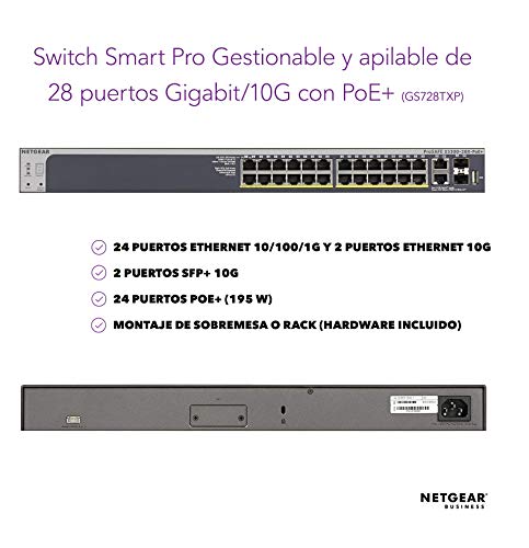 Netgear GS728TXP-100NES - Switch Smart Managed ProSAFE (24 Puertos Gigabit PoE + 4 Puertos Gigabit Combo SFP+ y garantía Durante su Vida útil)