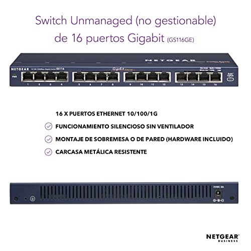 NETGEAR Switch Ethernet GS116GE no gestionado de 16 puertos, switch Gigabit con opciones de montaje en sobremesa o pared y asistencia técnica limitada de por vida