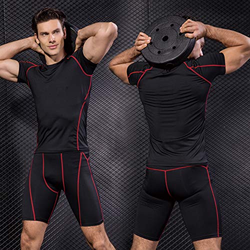 Niksa Mallas Cortas Running Hombre Pantalones Cortos de Compresión para Deporte, Fitness, Gym Negro Rojo XL
