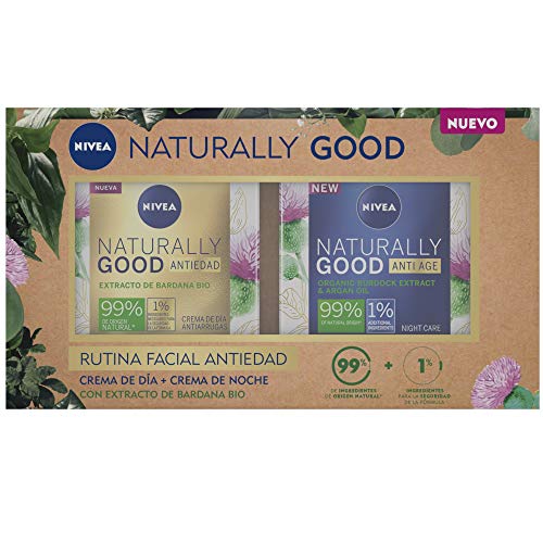 NIVEA Pack Naturally Good Rutina Facial Antiedad, caja de regalo con crema reafirmante de día (1 x 50 ml) y crema de noche regeneradora (1 x 50 ml), pack de mujer