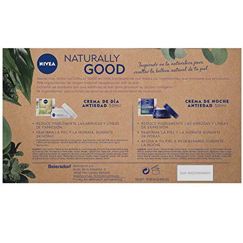 NIVEA Pack Naturally Good Rutina Facial Antiedad, caja de regalo con crema reafirmante de día (1 x 50 ml) y crema de noche regeneradora (1 x 50 ml), pack de mujer