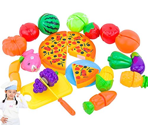 NIWWIN - Juego de 24 piezas de plástico con forma de frutas, verduras y pizza para cortar, juego educativo de simulación para niños