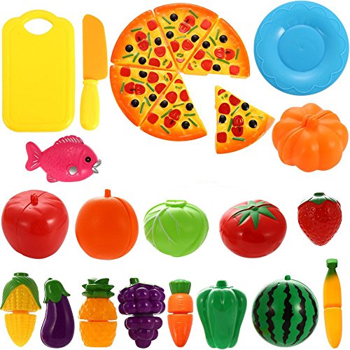 NIWWIN - Juego de 24 piezas de plástico con forma de frutas, verduras y pizza para cortar, juego educativo de simulación para niños