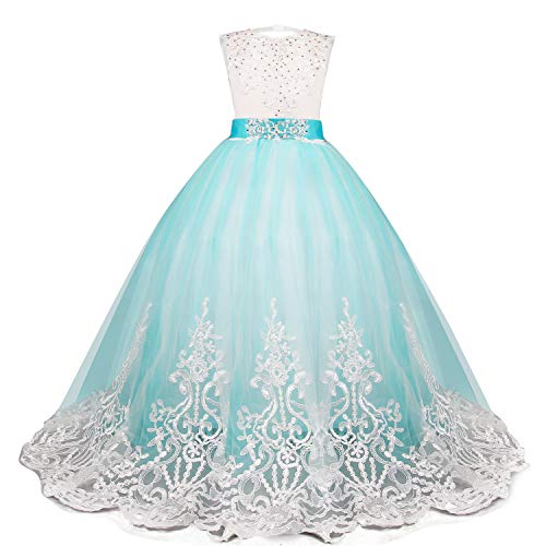 NNJXD Niñas Bordado De Encaje Flor De La Boda Fiesta De Cumpleaños Princesa Vestido de Cola Larga Tamaño (170) 14-15 años 406 Azul-A