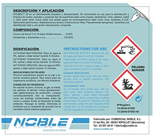 NOUBACT 20 NIEVES LIMPIADOR DESINFECTANTE. Desinfectante de Superficies. Bactericida, Fungicida, Virucida.