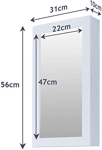 Nova - Armario joyero - 31 x 56 x 10 cm, para montar en pared, cerradura magnética, color blanco - espejo, armario para joyas con espejo
