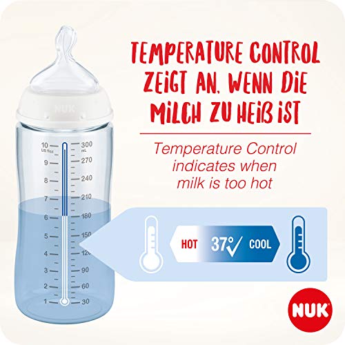 NUK First Choice + Juego de biberones | Control de temperatura | 0-6 meses | 300 ml | Tetina de silicona | Ventilación anti cólicos | Sin BPA | Rosa (Amapolas) | 3 unidades