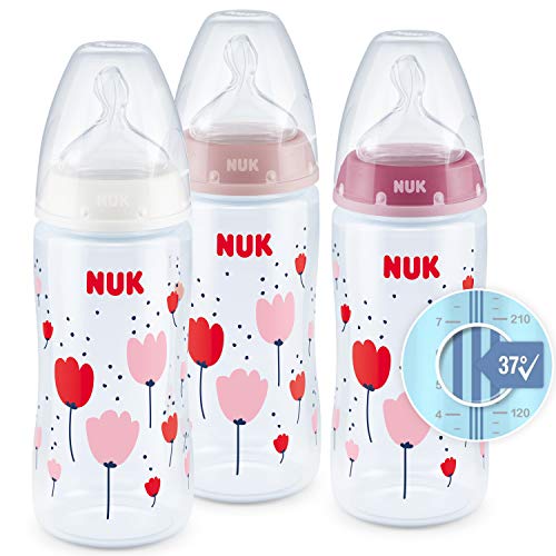 NUK First Choice + Juego de biberones | Control de temperatura | 0-6 meses | 300 ml | Tetina de silicona | Ventilación anti cólicos | Sin BPA | Rosa (Amapolas) | 3 unidades