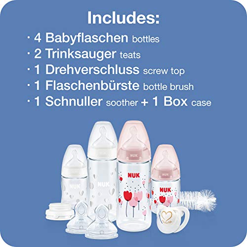 NUK First Choice+ Perfect Start - Juego de biberones anticólicos (2 x 150 ml y 2 x 300 ml), cepillo para botellas y más sin BPA, 0 – 6 meses rosa Rosa.
