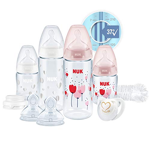 NUK First Choice+ Perfect Start - Juego de biberones anticólicos (2 x 150 ml y 2 x 300 ml), cepillo para botellas y más sin BPA, 0 – 6 meses rosa Rosa.