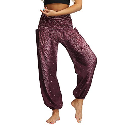 Nuofengkudu Mujer Hippies Pantalones Harem Tailandeses Boho Estampados Bolsillos Cintura Alta Baggy Yoga Pants Verano Playa Fiesta (Marrón B,Talla única)