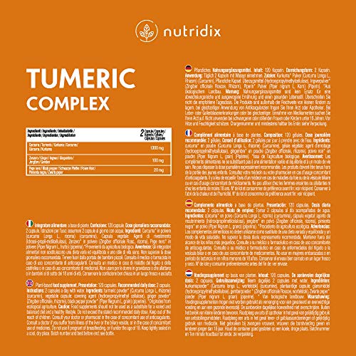 Nutridix Cúrcuma Orgánica 1300 mg Dosis con Pimienta Negra y Jengibre - Potente Antioxidante y Antiinflamatorio con Curcumina y Piperina - 120 Cápsulas