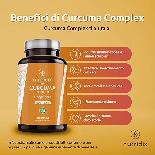 Nutridix Cúrcuma Orgánica 1300 mg Dosis con Pimienta Negra y Jengibre - Potente Antioxidante y Antiinflamatorio con Curcumina y Piperina - 120 Cápsulas