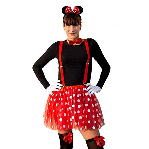 Oblique Unique® Disfraz de ratón para mujer, rojo, blanco y negro, con tutú, diadema con orejas de ratón y lazo, para carnaval, fiestas temáticas