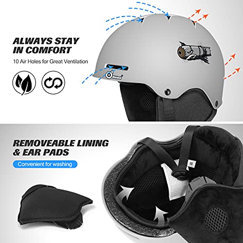 Odoland Kit Casco Esquí con Gafas de Esquí para Niños, Casco Snowboard Ajustable para Niños, Casco a Prueba de Golpes y Viento, Casco Multicolor para Esquí Skate Patinaje, Gris, XS: 48-50 cm