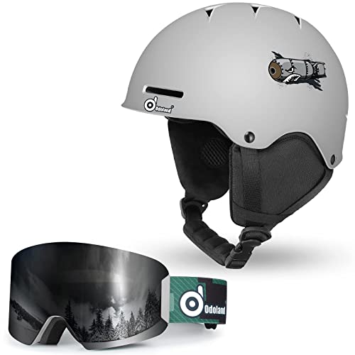 Odoland Kit Casco Esquí con Gafas de Esquí para Niños, Casco Snowboard Ajustable para Niños, Casco a Prueba de Golpes y Viento, Casco Multicolor para Esquí Skate Patinaje, Gris, XS: 48-50 cm