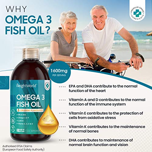 Omega 3 Líquido 1600mg Aceite de pescado Puro, 250ml - Ácidos Grasos Omega 3, 6, 9, Con 800mg EPA y 320mg DHA, Sabor a Naranja, Con CoQ10, Vitamina D3 K2, Vitamina A y Vitamina E - Con Vaso Medidor