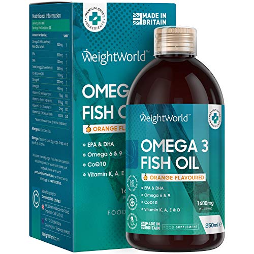Omega 3 Líquido 1600mg Aceite de pescado Puro, 250ml - Ácidos Grasos Omega 3, 6, 9, Con 800mg EPA y 320mg DHA, Sabor a Naranja, Con CoQ10, Vitamina D3 K2, Vitamina A y Vitamina E - Con Vaso Medidor