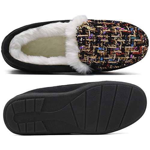 ONCAI Zapatillas De Casa para Mujer Memory Foam Felpa Pantuflas Mocasines Calentar Invierno Tweed Zapatos para Interior Exterior Caucho Suela Negro 38