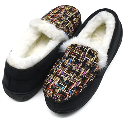 ONCAI Zapatillas De Casa para Mujer Memory Foam Felpa Pantuflas Mocasines Calentar Invierno Tweed Zapatos para Interior Exterior Caucho Suela Negro 38