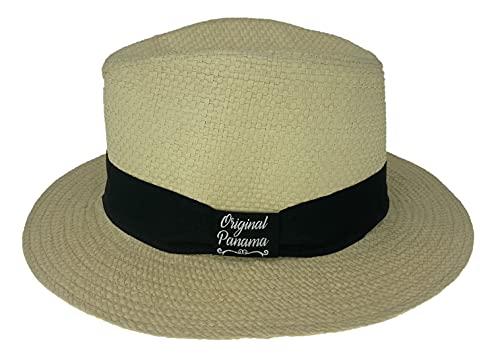 ONE & ONE HAT'S Sombrero Panamá Original con Cinta Negra, Color Beige Talla 60