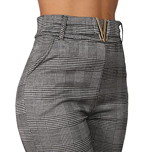 P8405 - Pantalones térmicos para mujer, cintura alta, diseño de cuadros, Gris 78077, S